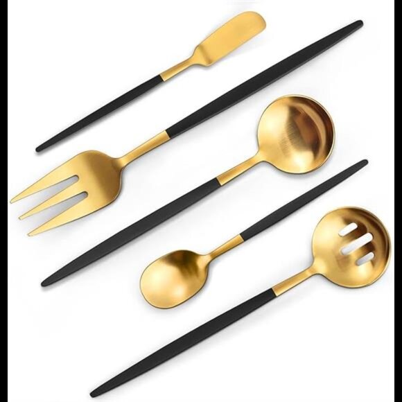 Matte Black Gold Serving Silverware Set, 5-Piece Round Shared Utensils Set - Picture 7 of 7